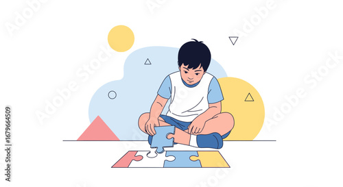 Illustration of a child focused on assembling a puzzle game to exercise his mind