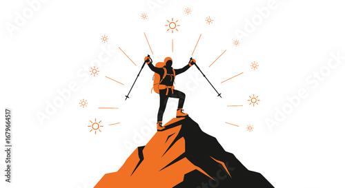 Illustration of a hiker standing on a mountain peak, celebrating success and achievement.