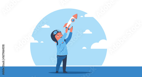 Illustration of a child holding a rocket, symbolizing dreams and aspirations without special characters