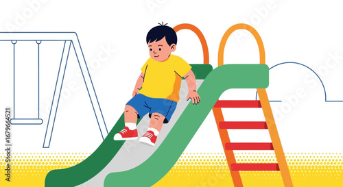 Illustration of a child having fun sliding down a colorful playground slide