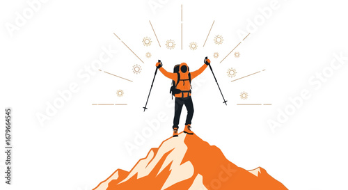 Illustration of a hiker standing victoriously on a mountain peak reaching the top of a climb