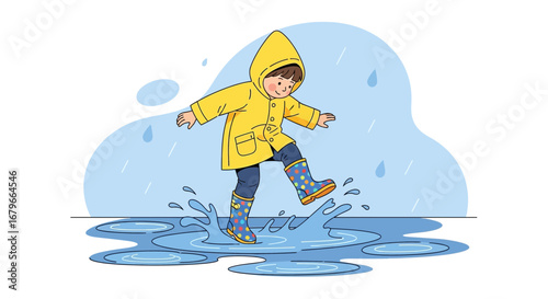 Illustration of a child in a yellow raincoat jumping in a puddle of water on a rainy day