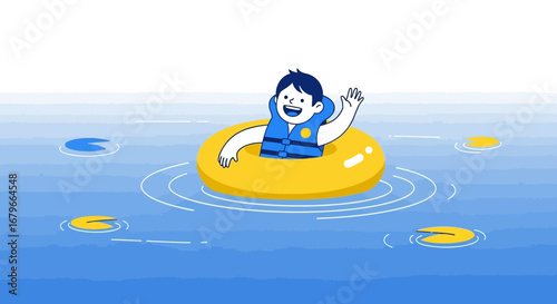 Illustration of a child in a life vest floating in a lake with lily pads and a ring
