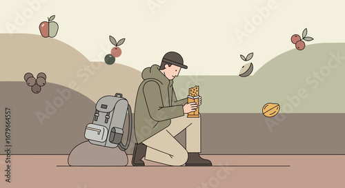 Illustration of a hiker taking a break and eating a snack in a natural environment