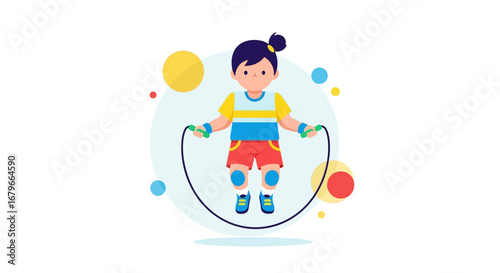 Illustration of a child jumping rope, healthy activity fitness and exercise concept