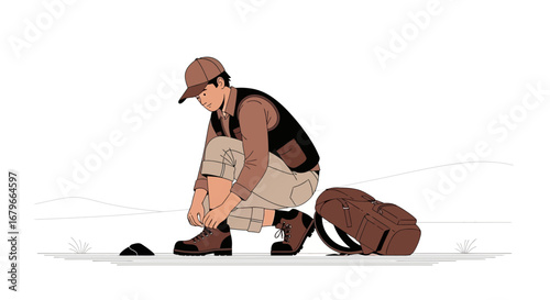 Illustration of a hiker tying his shoelace before starting a hike on a sunny day