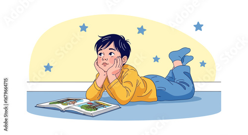 Illustration of a child lying on floor reading a book and dreaming of the future.