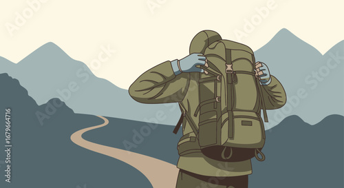 Illustration of a Hiker Walking on a Mountain Trail with a Backpack Prepared Hiking Trip