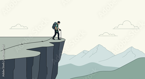 Illustration of a hiker walking to the unknown edge of the cliff in the mountains