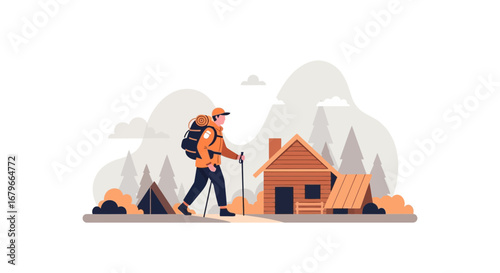 Illustration of a hiker walking towards a cabin in a peaceful natural environment