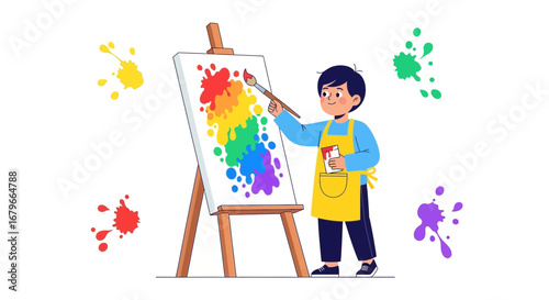 Illustration of a child painting with a rainbow color palette on a white canvas