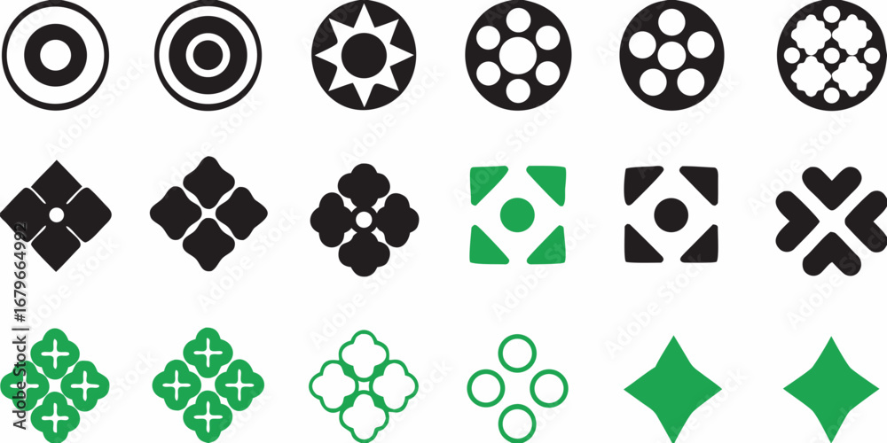 Collection of japanese mon kamon symbols and geometric designs in black and green