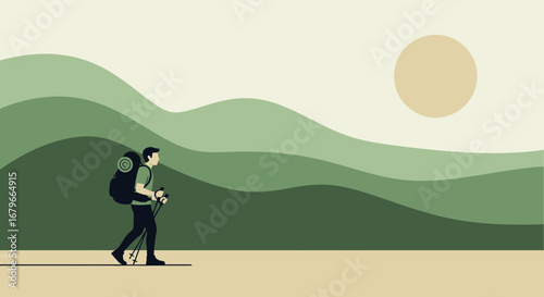 Illustration of a hiker with a backpack walking in the mountains during outdoor adventure