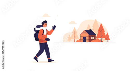 Illustration of a hiker with a backpack waving at a cabin in a forest scene