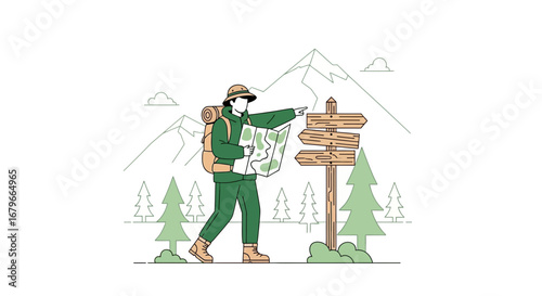 Illustration of a hiker with a map, pointing toward the direction, and mountain behind