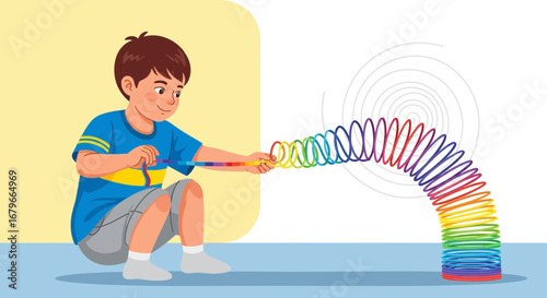 Illustration of a child playing with a colorful slinky toy on a solid background