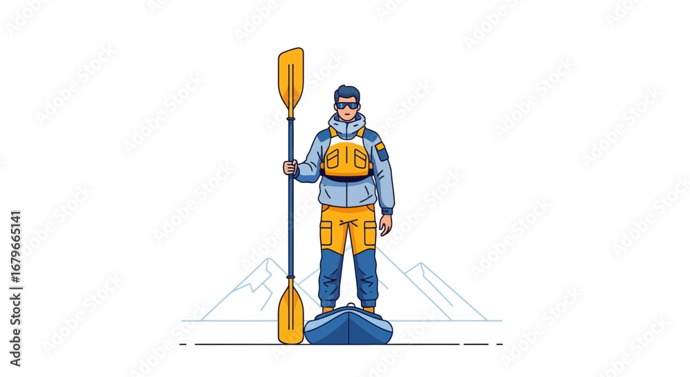 Fototapeta premium Illustration of a kayaker holding a paddle standing next to his kayak, ready to explore the mountains