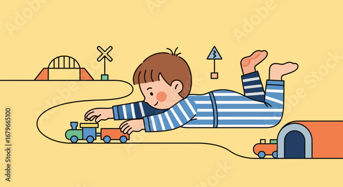 Illustration of a child playing with a toy train, enjoying his childhood fantasy