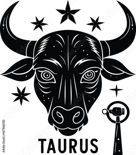 Vector art of bold black and white graphic representation of a bulls head, symbolizing the taurus zodiac sign, featuring stars and astrological elements, isolated on a