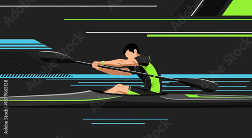Illustration of a Kayaker in Action Amidst Geometric Abstract Background