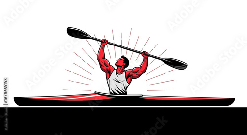 Illustration of a Kayaker in a Canoe with Paddle Raised High in Victory