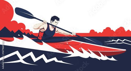 Illustration of a kayaker paddling on the water, stylized in a patriotic color scheme