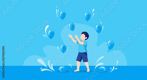 Illustration of a child playing with floating balloons, a symbol of happiness in blue scene