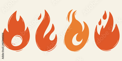 Four stylized graphic representations of flames in various orange and red hues on a cream background