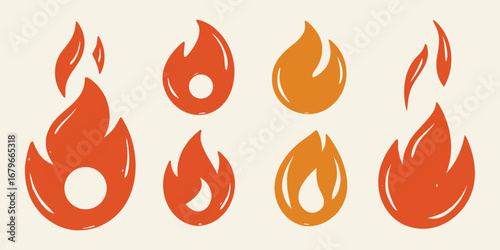 A collection of stylized flame icons in various sizes and shades of orange and red on a cream background