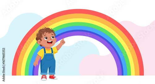 Illustration of a Child Pointing at a Rainbow With a Happy Expression, Concept