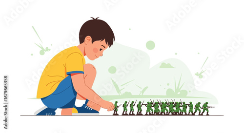 Illustration of a child playing with toy soldiers, concept of childhood fun and imagination