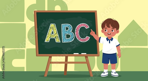 Illustration of a child pointing to the alphabet on a chalkboard in a classroom