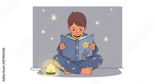 Illustration of a child reading a bedtime story with a warm night light surrounded by stars