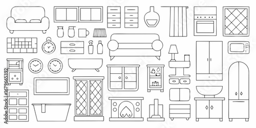 Collection of hand drawn furniture and home decor items in a simple outline style
