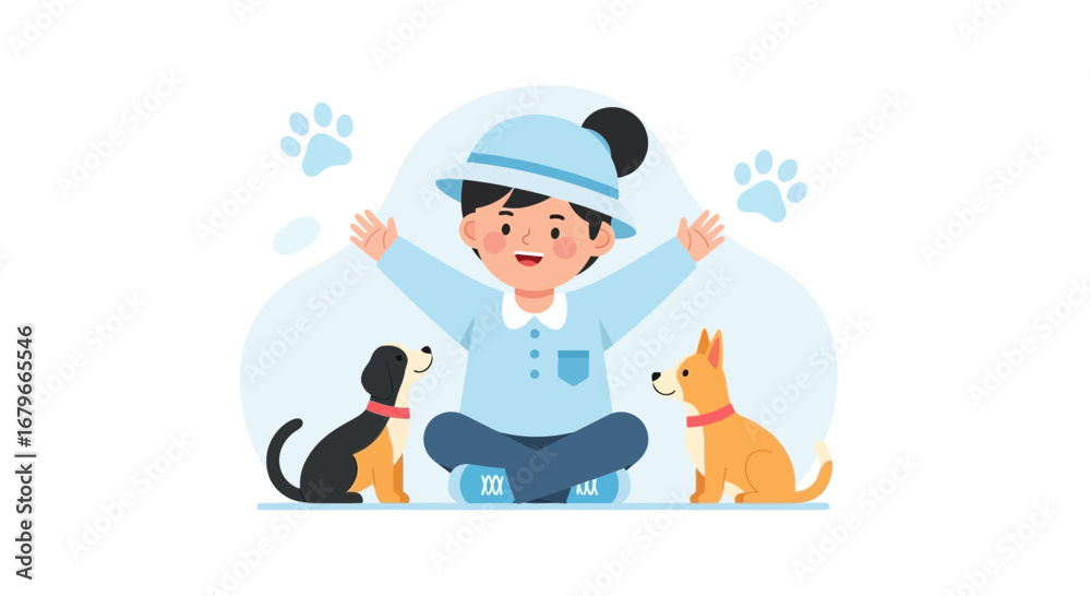 Naklejka premium Illustration of a child sitting with two dogs on a blue background vector design