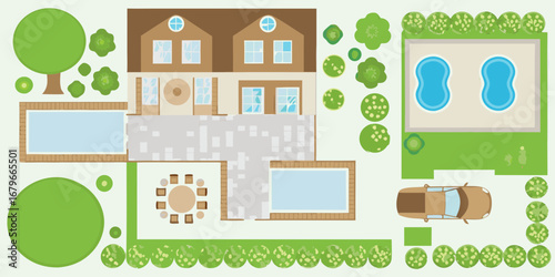 Top view illustration of a modern house with two swimming pools a patio and a car