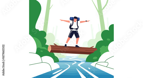 Illustration of a man backpacking crossing a river on a log in the forest