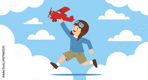 Illustration of a child running with a toy airplane expressing imaginative dreams