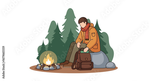 Illustration of a man camping by the campfire in the forest nature vector art
