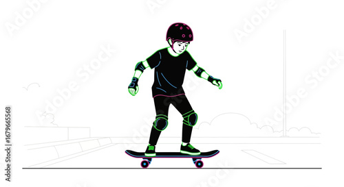 Illustration of a child skateboarding with safety gear on a street