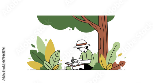 Illustration of a child sketching under a tree in a park outdoors nature drawing