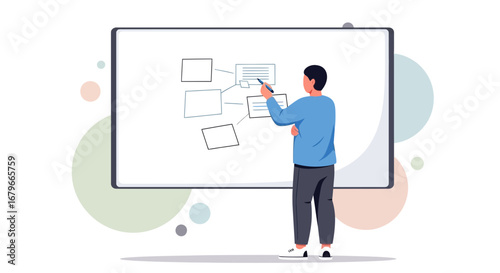 Illustration of a man drawing a diagram on a whiteboard for business or education