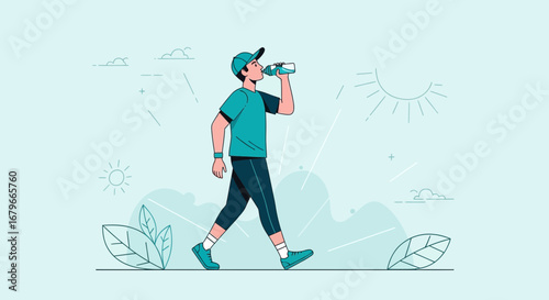 Illustration of a man drinking water while walking during a sunny day