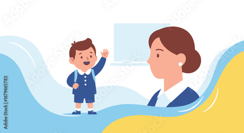 Illustration of a Child Waving Goodbye to a Teacher at School or in a Classroom setting