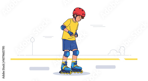 Illustration of a child wearing roller skates and safety gear in a flat design