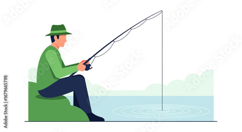 Illustration of a Man Fishing By a Lake, Enjoying Leisure Time Outdoors