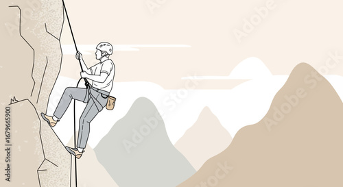Illustration of a climber ascending a mountain using ropes and safety helmet for adventure