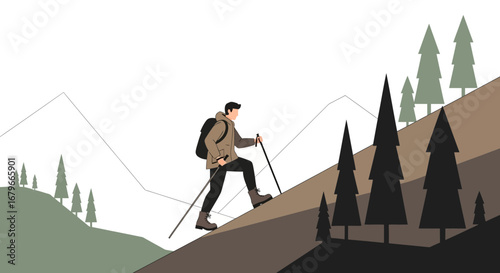 Illustration of a man hiking up a mountain with trekking poles in nature