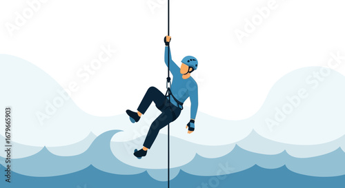 Illustration of a climber ascending a rope in a stylized vector graphic design
