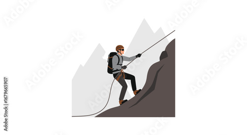 Illustration of a climber ascending a mountain with a rope in a vector style